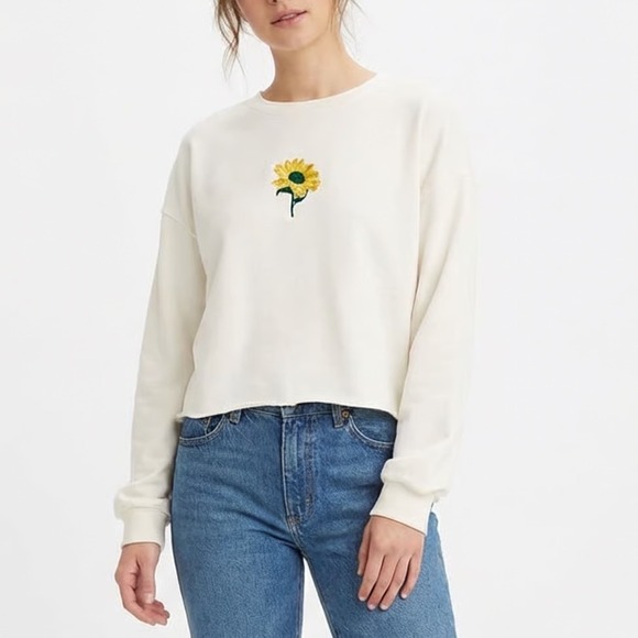 SHEIN Tops - Shein Sweatshirt Womens Large White Sunflower Embroidered Drop Shoulder Pullover